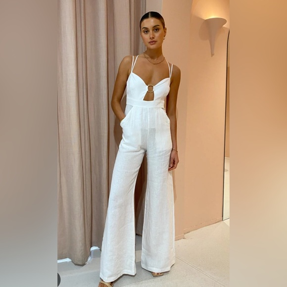Rumer Pants - White Sleeveless Ring-Front Jumpsuit